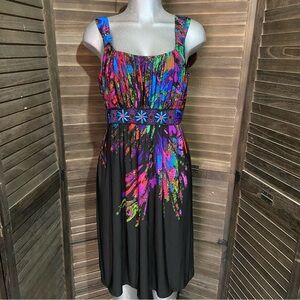 Colorful Abstract Midi Dress Neon Colors Whimsigoth Beaded Floral Waist Babydoll